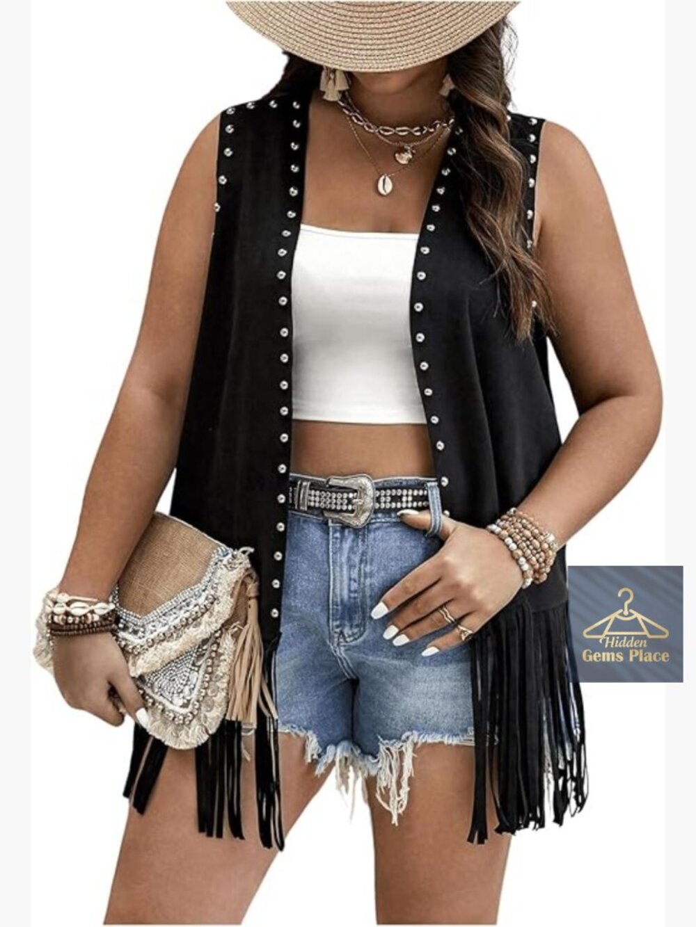Plus Size Faux Suede Fringe Vest Sleeveless Studded Cowgirl Jacket